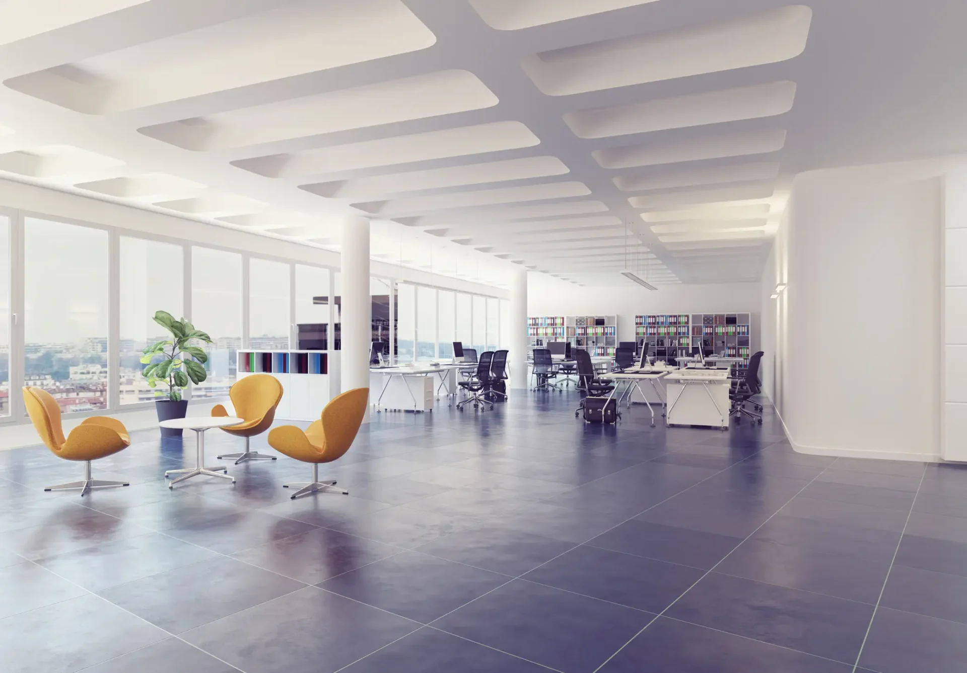 Modern office interior with yellow chairs.